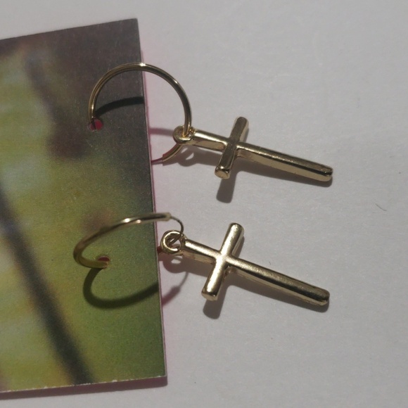 Urban Outfitters Gold tone Hoop Cross Drop Earrings - Women's Fashion Jewelry - Picture 3 of 6
